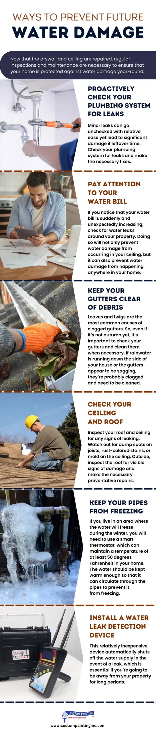Infographic on Ways to Prevent Future Water Damage in the Bay area including the cities of Concord, Mountain House, and Milpitas