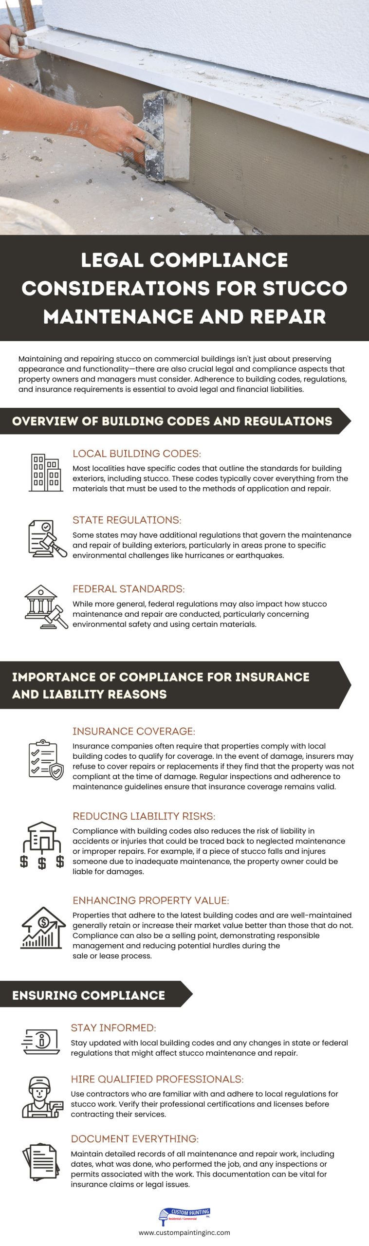 Infographic on Legal Compliance Considerations for Stucco Maintenance and Repair in the Bay area including the cities of Moraga, Diablo, and Mountain House