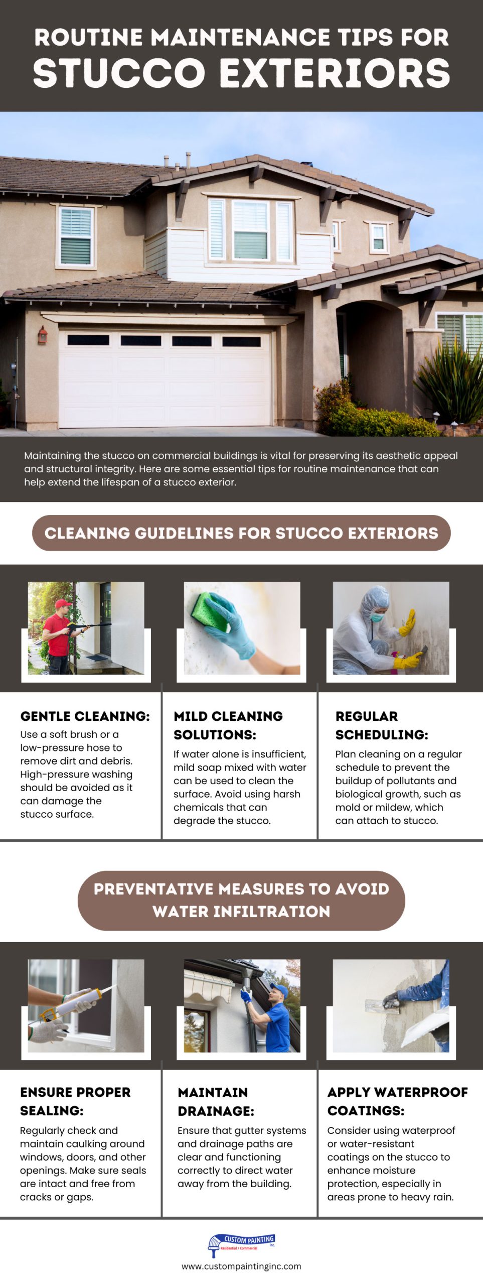 Infographic on Routine Maintenance Tips for Stucco Exteriors in the Bay area including the cities of Pleasant Hill, Moraga, and Antioch