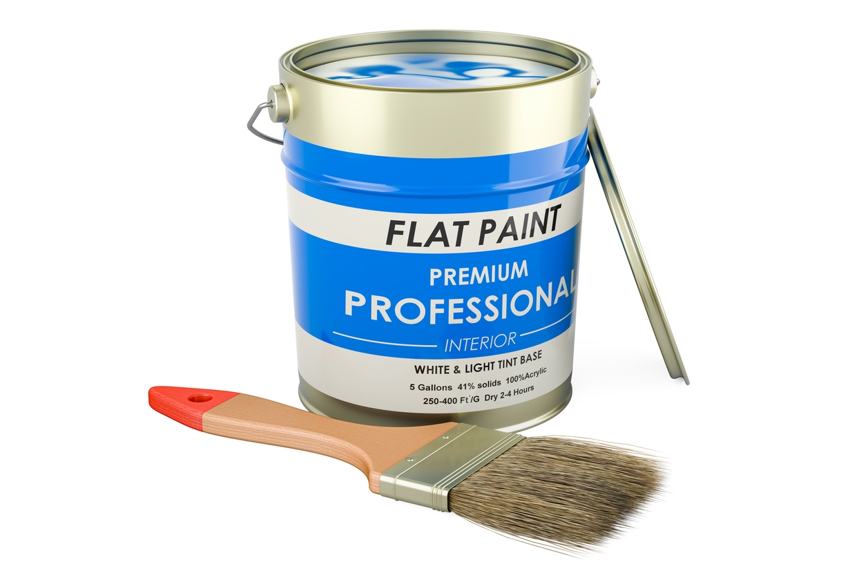 Blue paint can and brush, 3D rendering